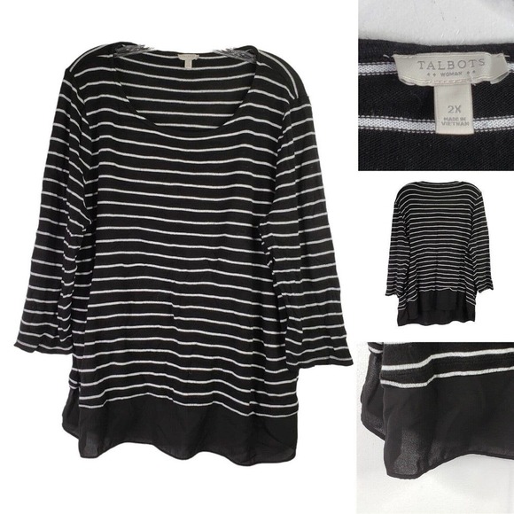 Talbots Shirt Womens Plus Size 2X Striped Black White 3/4 Sleeve Sheer Bottom - Picture 1 of 8